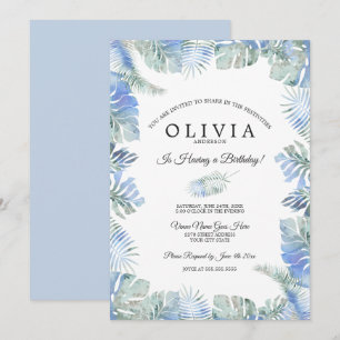 Tropical Birthday Watercolor Leaves Blue Green Invitation
