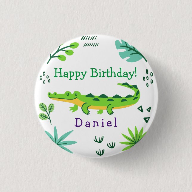 Tropical birthday with green crocodile  1 inch round button (Front)