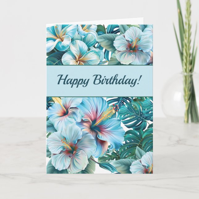 Tropical Birthday with Light Blue Hibiscus Leaves Card (Front)