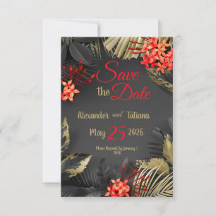 Tropical black and gold leaves on dark background save the date
