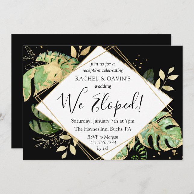 Tropical Black and Gold We Eloped Reception Invitation (Front/Back)