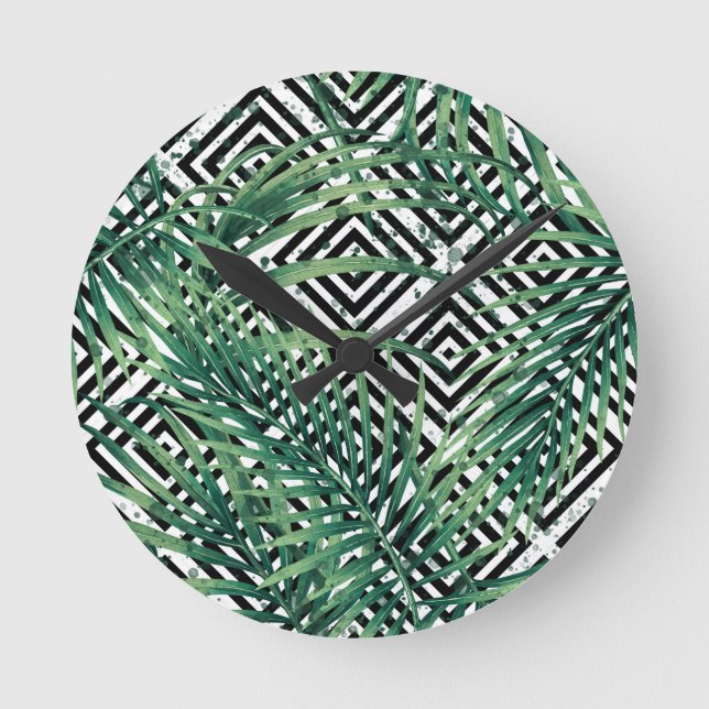 Tropical black and white geometry round clock (Front)