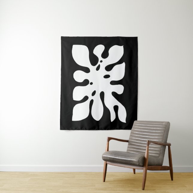 Tropical Black and White Monstera Leaf Abstract Tapestry (In Situ)