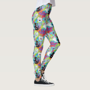 Tropical Black Cat Ghost Pumpkin Halloween Leggings