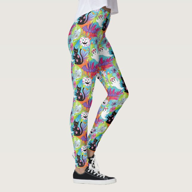 Tropical Black Cat Ghost Pumpkin Halloween Leggings (Right)