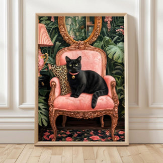 Tropical Black Cat on Sofa Poster Print, Funny Bla