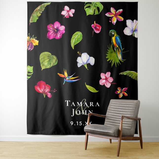 Tropical Black Floral Pink Photo Booth Backdrop Tapestry (In Situ)