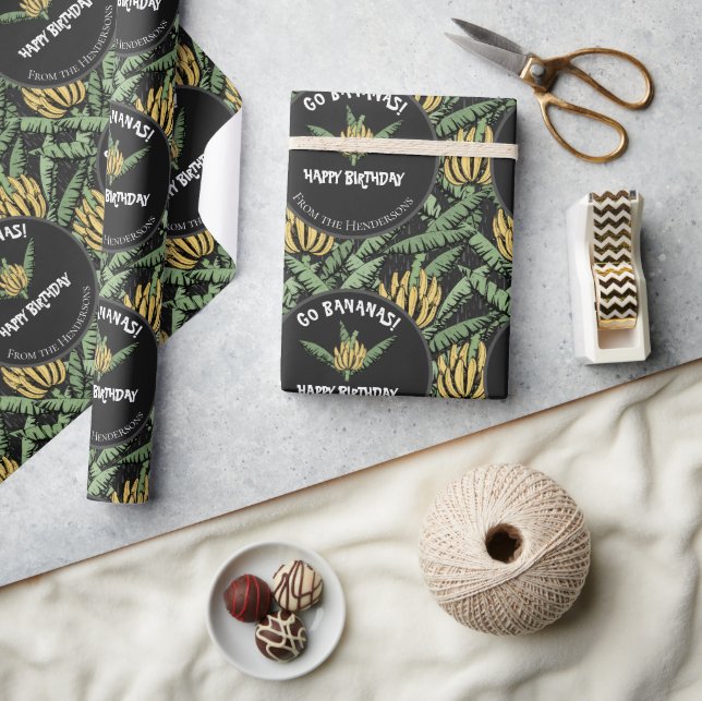 Tropical Black Go Bananas Happy Birthday Banana Wrapping Paper (Crafts)