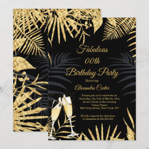 Tropical Black Gold Palms Champagne Birthday Party Invitation