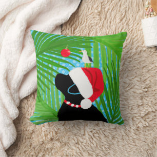 Tropical Black Lab Santa Seagull Christmas Throw Pillow