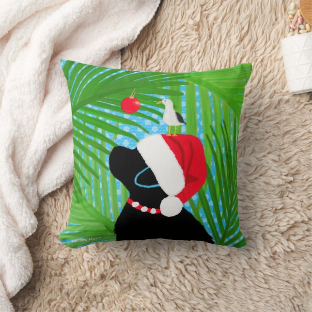 Tropical Black Lab Santa Seagull Christmas Throw Pillow (Blanket)
