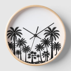 Tropical Black Palm Trees Silhouette Wooden Wall C Clock