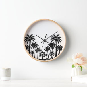 Tropical Black Palm Trees Silhouette Wooden Wall C Clock