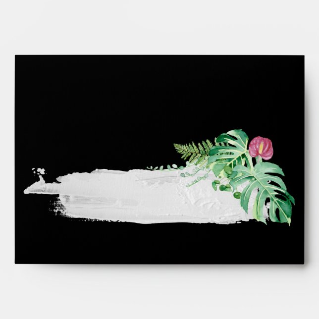 Tropical Black Pink Floral Wedding Invitation Envelope (Front)