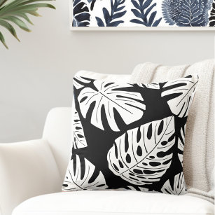Tropical Black White Palm Monstera Leaves Throw Pillow
