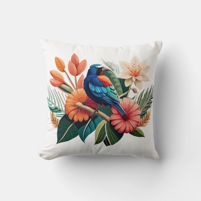 Tropical Bliss: A Vibrant Fusion of Flora Throw Pillow (Front)