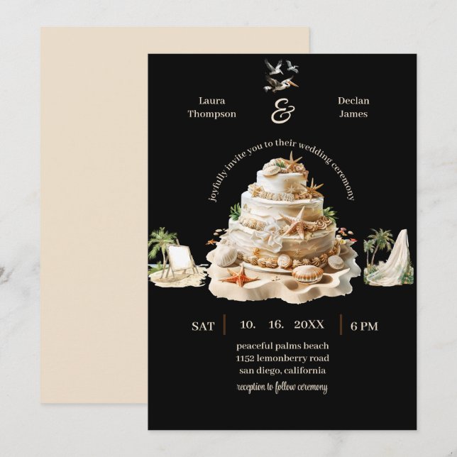 Tropical Bliss | Personalized Beach Wedding Cake Invitation (Front/Back)