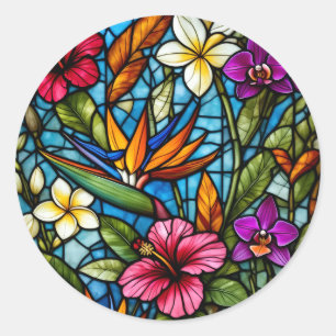 Tropical Bloom in Stained Glass Vibrant Floral  Classic Round Sticker