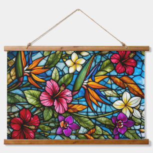 Tropical Bloom in Stained Glass Vibrant Floral Hanging Tapestry
