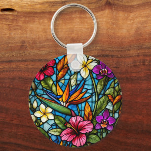 Tropical Bloom in Stained Glass Vibrant Floral Keychain