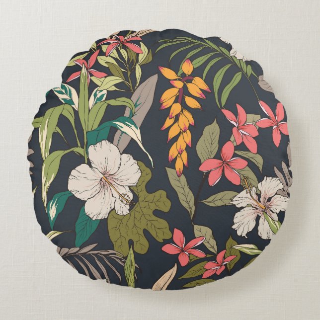 Tropical Bloom: Seamless Flower Pattern Round Pillow (Front)