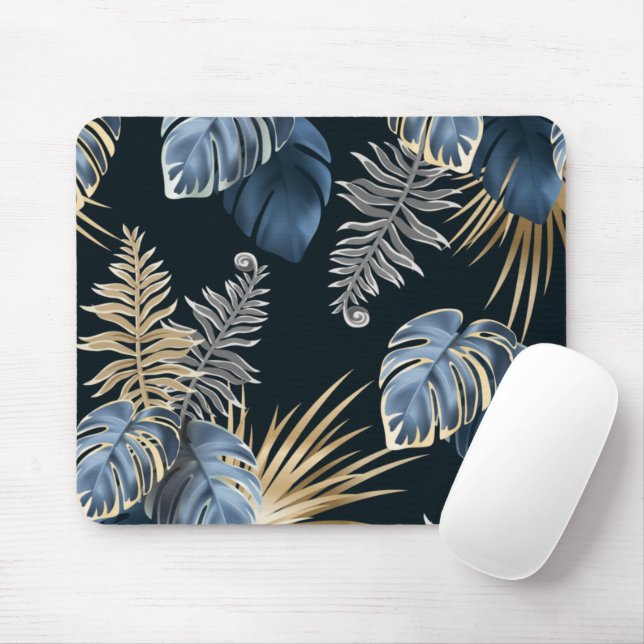 Tropical Blue and Gold Leaves Design Mouse Pad (With Mouse)