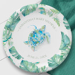 Tropical Blue and Green Sea Turtle Baby Shower Paper Plate<br><div class="desc">Sweet personalized plates for your tropical or nature themed baby shower feature a monstera palm leaves border with a watercolor sea turtle in shades of blue and green. Personalize with the mama-to-be's name and shower date. To see the matching beach theme aloha party decor visit www.zazzle.com/dotellabelle</div>