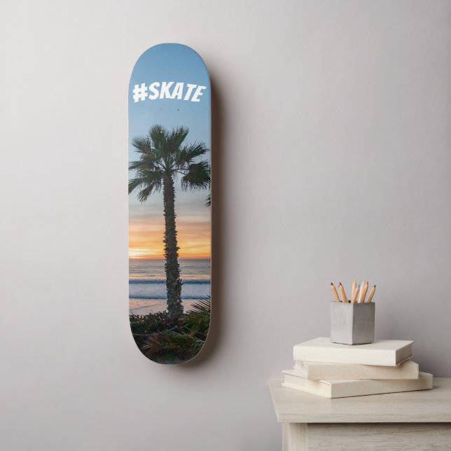 Tropical Blue and Orange Ocean Palm Tree Sunset Skateboard (Wall Art)