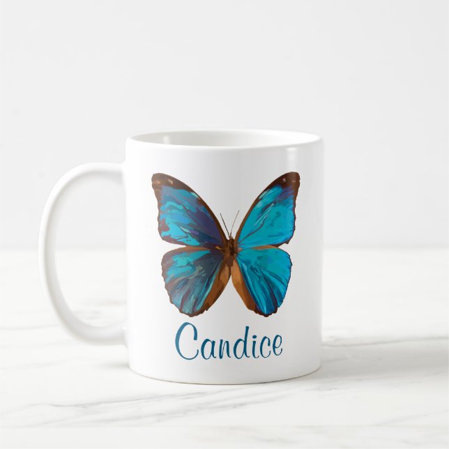 Tropical Blue and Turquoise Gem Coloured Butterfly Coffee Mug (Left)