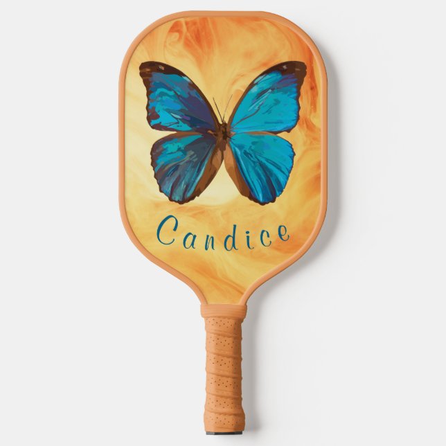 Tropical Blue and Turquoise Gem Coloured Butterfly Pickleball Paddle (Front)