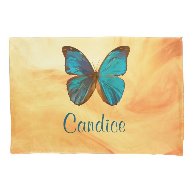 Tropical Blue and Turquoise Gem Coloured Butterfly Pillowcase (Front)