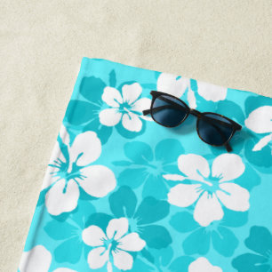 Tropical Blue and White Hibiscus Flower Pattern Beach Towel