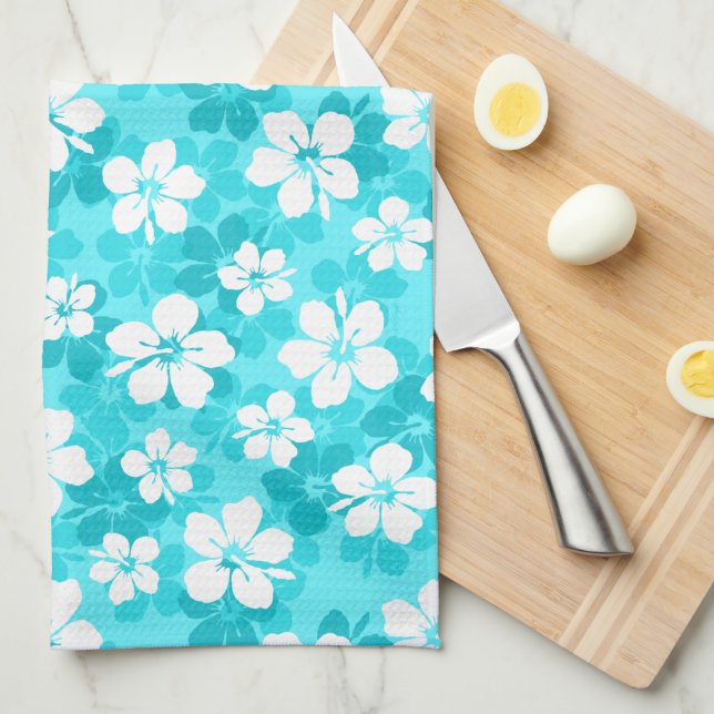 Tropical Blue and White Hibiscus Flower Pattern Kitchen Towel (Quarter Fold)