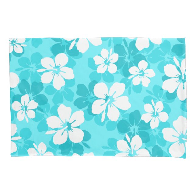 Tropical Blue and White Hibiscus Flower Pattern Pillowcase (Front)