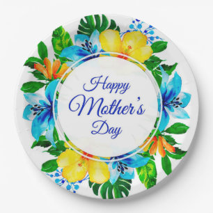 Tropical Blue and Yellow Floral Happy Mother's Day Paper Plate