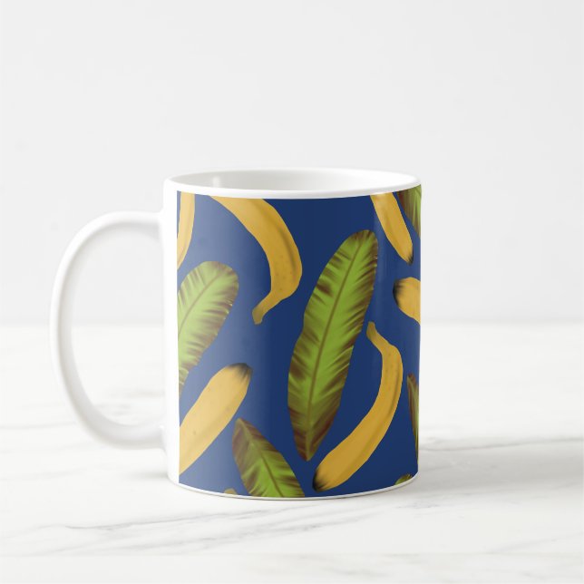 Tropical Blue Banana Leaf Pattern  Coffee Mug (Left)