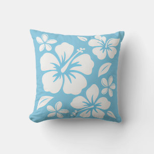 Tropical Blue Beach Flowers Throw Pillow
