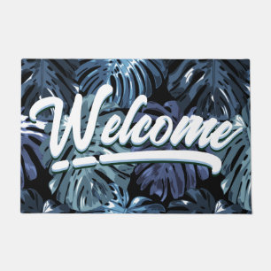 Tropical Blue Black Palm Leaves Welcome Doormat