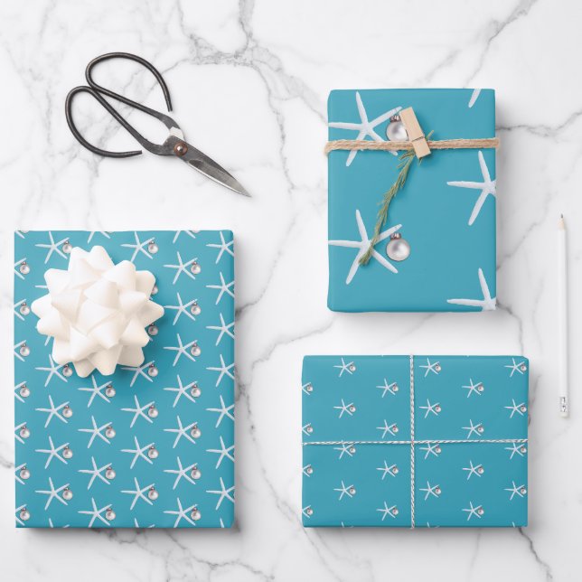 Tropical Blue Christmas Starfish n Ornaments  Wrapping Paper Sheet (Front)