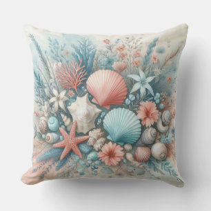 TROPICAL BLUE & CORAL UNDER SEA SEASHELLS THROW PILLOW
