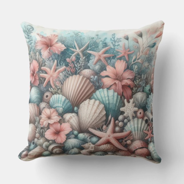 TROPICAL BLUE & CORAL UNDER SEA SEASHELLS THROW PILLOW (Front)