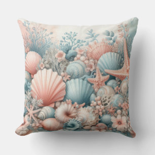 TROPICAL BLUE & CORAL UNDER SEA SEASHELLS THROW PILLOW