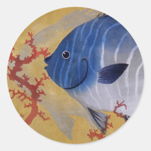 Tropical Blue Fish Vintage Coral Marine Ocean Life Classic Round Sticker