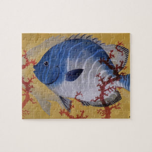 Tropical Blue Fish Vintage Coral Marine Ocean Life Jigsaw Puzzle
