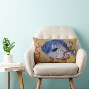 Tropical Blue Fish Vintage Coral Marine Ocean Life Lumbar Pillow