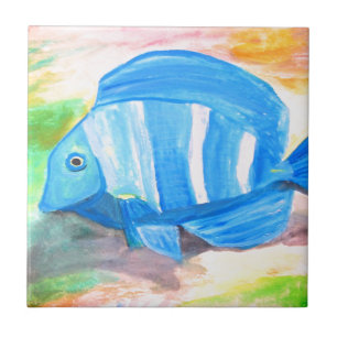 Tropical blue fish Watercolor Sea Ocean  Tile