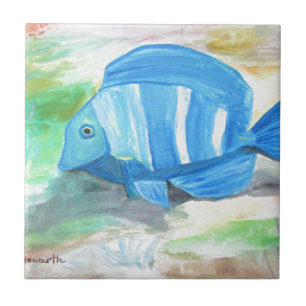 Tropical blue fish Watercolor Sea Ocean Tile