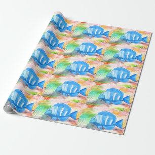 Tropical blue fish Watercolor Sea Ocean  Wrapping Paper