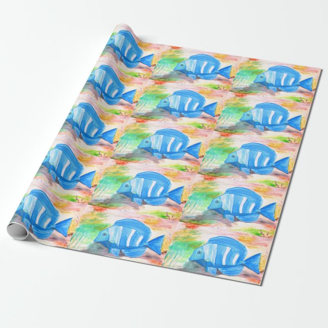 Tropical blue fish Watercolor Sea Ocean  Wrapping Paper (Unrolled)