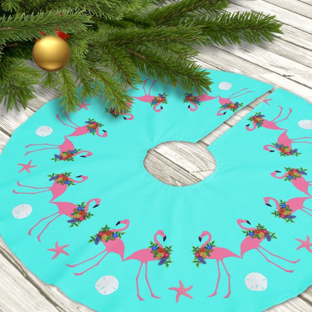 Tropical Blue Flamingo Christmas Border Brushed Polyester Tree Skirt (Creator Uploaded)